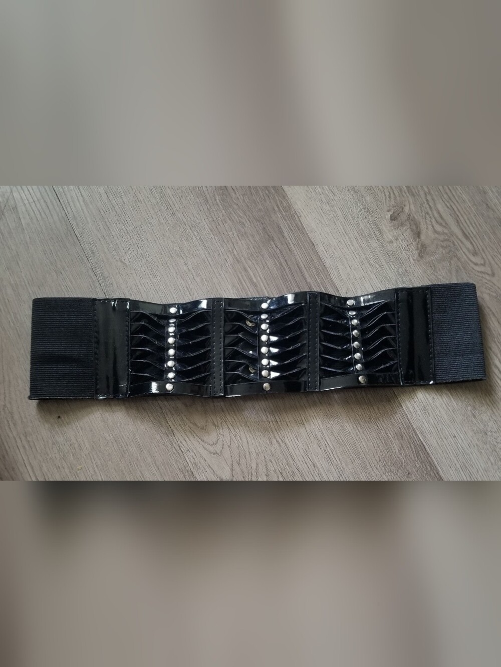 Vintage Black Elastic Studded Patent Waist Belt (M/L)